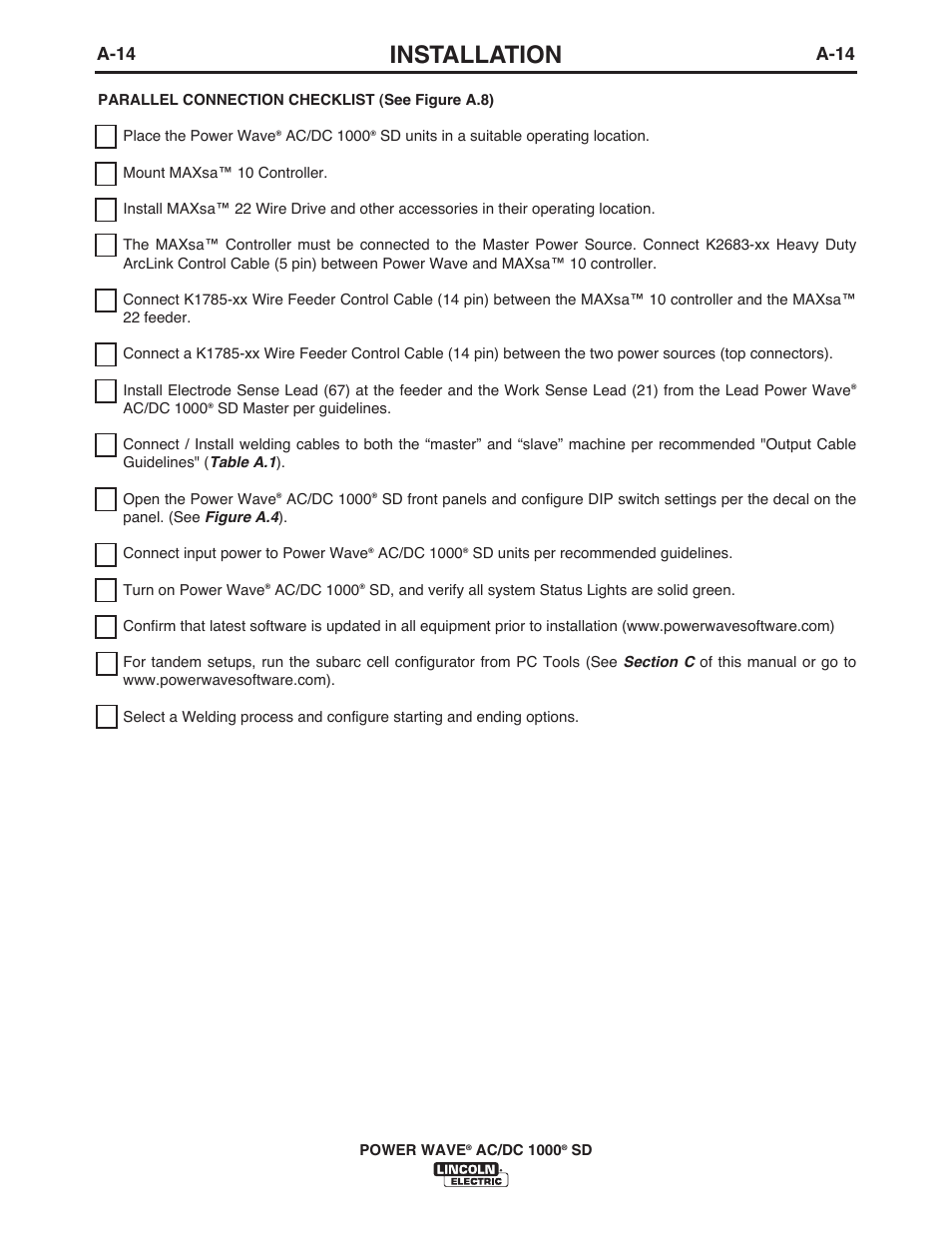 Installation, A-14 | Lincoln Electric IM10022 POWER WAVE AC_DC 1000 SD User Manual | Page 23 / 54