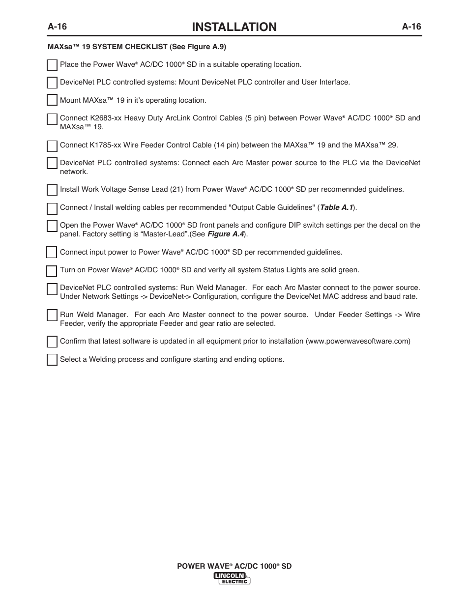 Installation, A-16 | Lincoln Electric IM10022 POWER WAVE AC_DC 1000 SD User Manual | Page 25 / 54