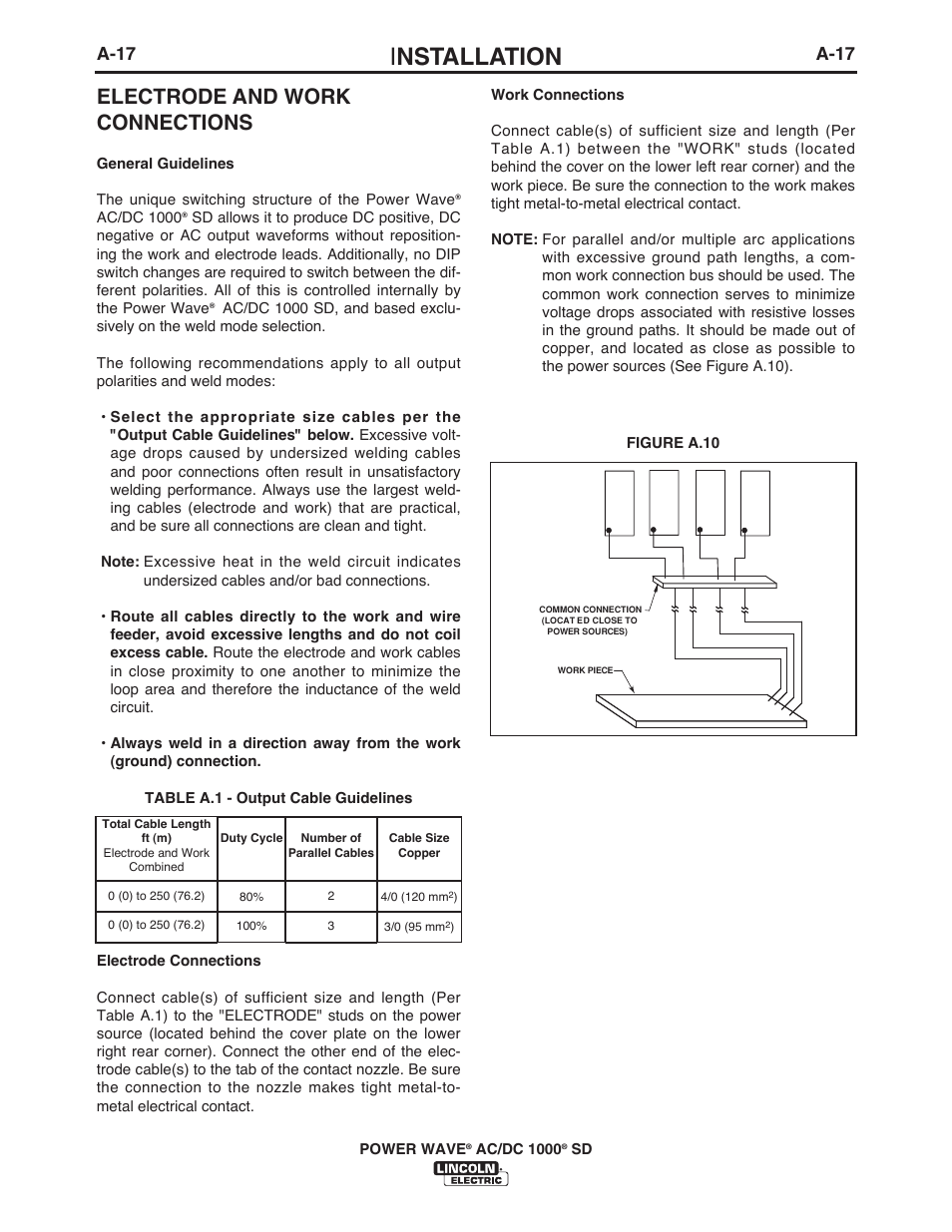 I nstallation, Electrode and work connections, A-17 | Lincoln Electric IM10022 POWER WAVE AC_DC 1000 SD User Manual | Page 26 / 54