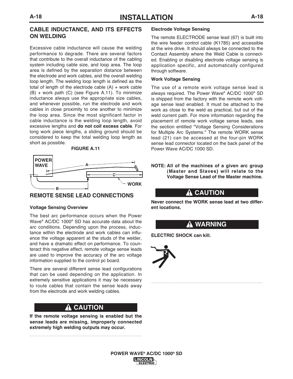 Installation, Caution, Caution warning | Lincoln Electric IM10022 POWER WAVE AC_DC 1000 SD User Manual | Page 27 / 54