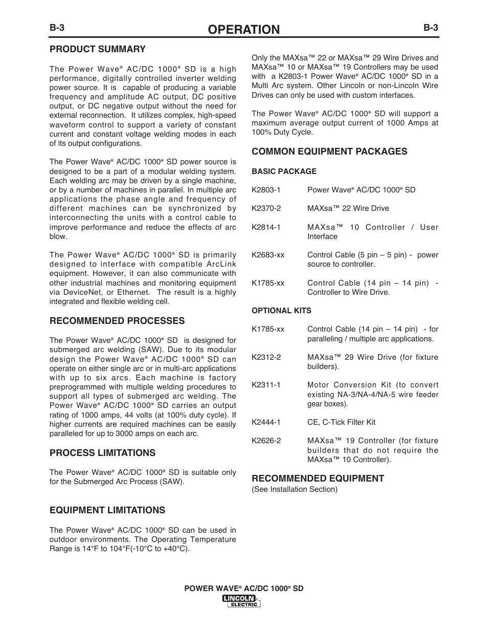 Operation, B-3 product summary, Recommended processes | Process limitations, Equipment limitations, Common equipment packages, Recommended equipment | Lincoln Electric IM10022 POWER WAVE AC_DC 1000 SD User Manual | Page 33 / 54