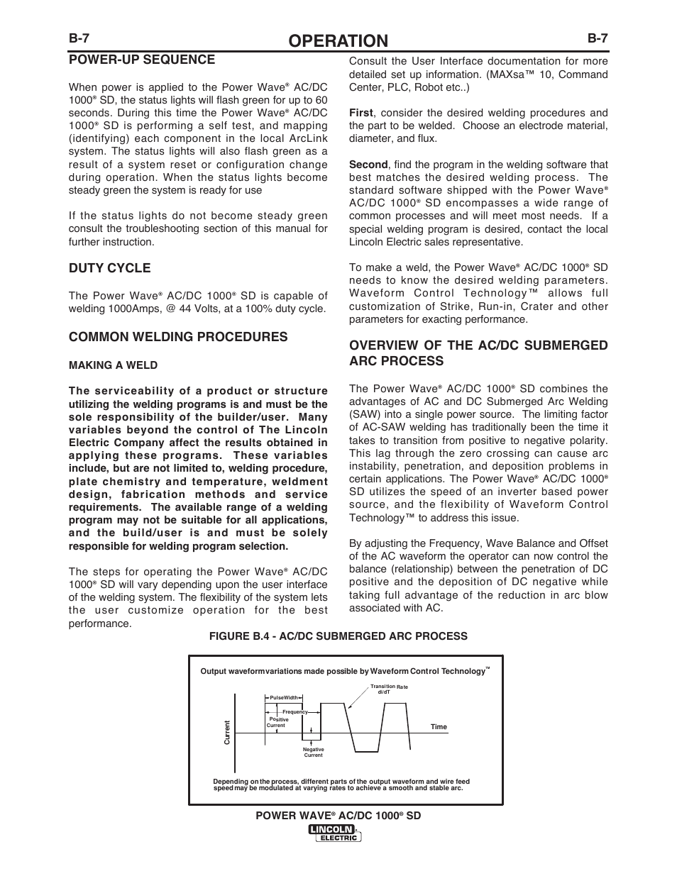 Operation, Power-up sequence, Duty cycle | Common welding procedures, Overview of the ac/dc submerged arc process | Lincoln Electric IM10022 POWER WAVE AC_DC 1000 SD User Manual | Page 37 / 54