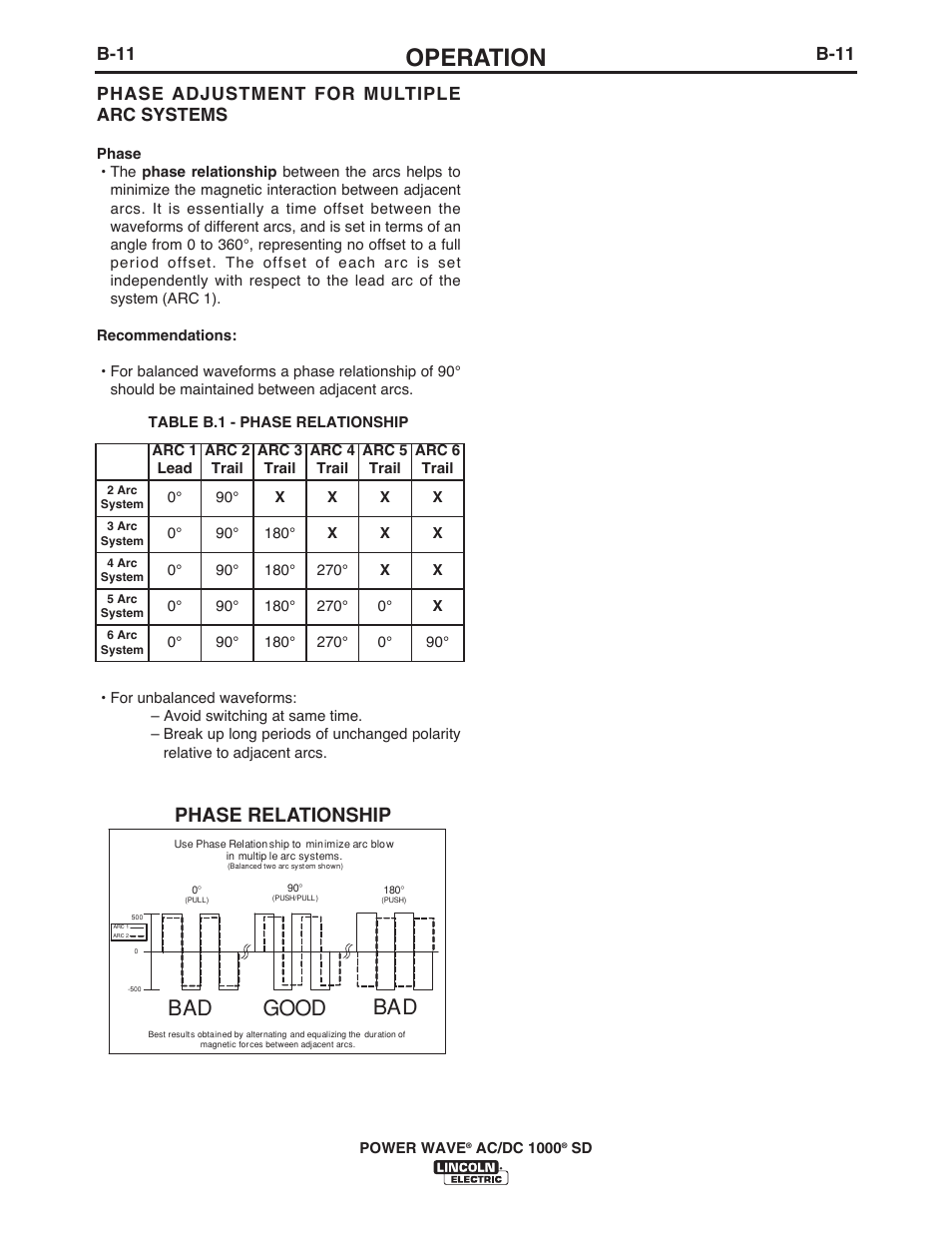 Operation, Bad good bad, Phase relationship | B-11, Phase adjustment for multiple arc systems | Lincoln Electric IM10022 POWER WAVE AC_DC 1000 SD User Manual | Page 41 / 54