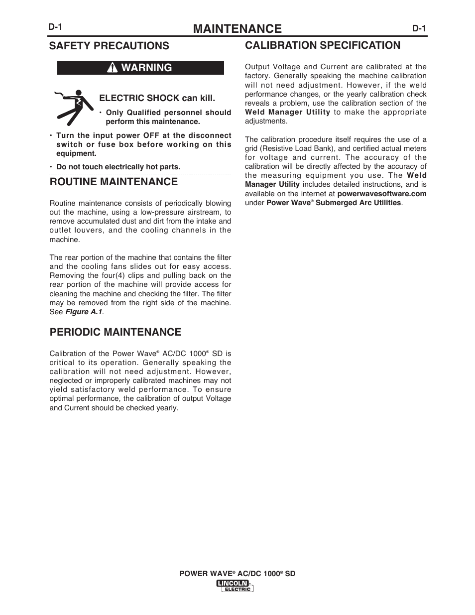Maintenance, Safety precautions, Routine maintenance | Periodic maintenance, Warning calibration specification | Lincoln Electric IM10022 POWER WAVE AC_DC 1000 SD User Manual | Page 43 / 54