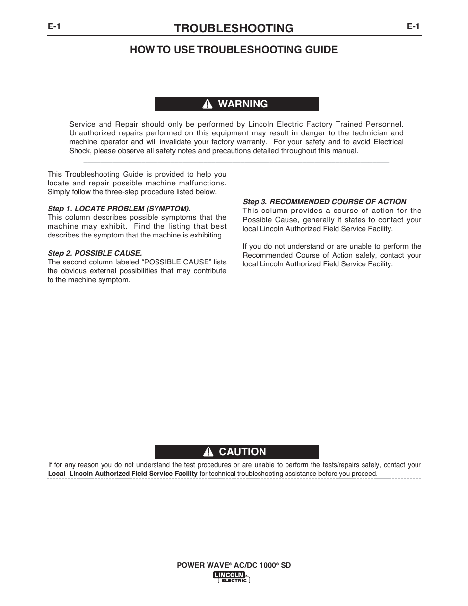 Troubleshooting, Caution, How to use troubleshooting guide | Warning | Lincoln Electric IM10022 POWER WAVE AC_DC 1000 SD User Manual | Page 44 / 54