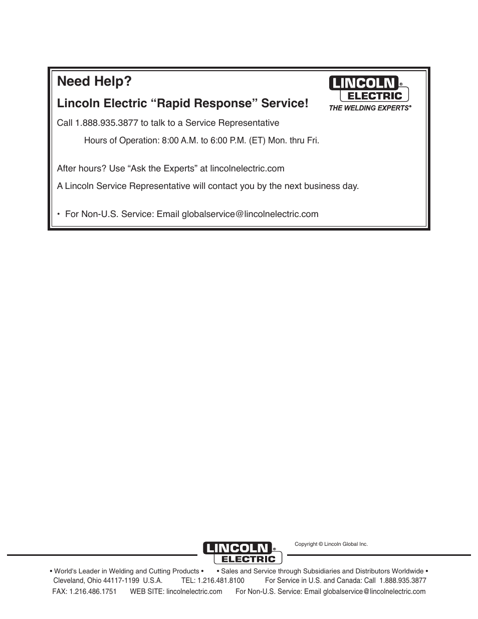 Need help, Lincoln electric “rapid response” service | Lincoln Electric IM10022 POWER WAVE AC_DC 1000 SD User Manual | Page 54 / 54
