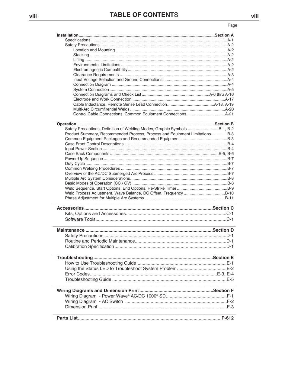 Table of content s, Viii | Lincoln Electric IM10022 POWER WAVE AC_DC 1000 SD User Manual | Page 9 / 54