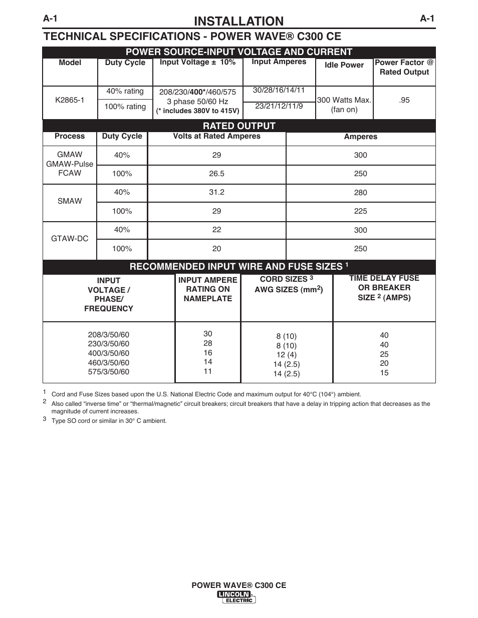 Installation, Technical specifications - power wave® c300 ce | Lincoln Electric IM10038 POWER WAVE C300CE User Manual | Page 11 / 72