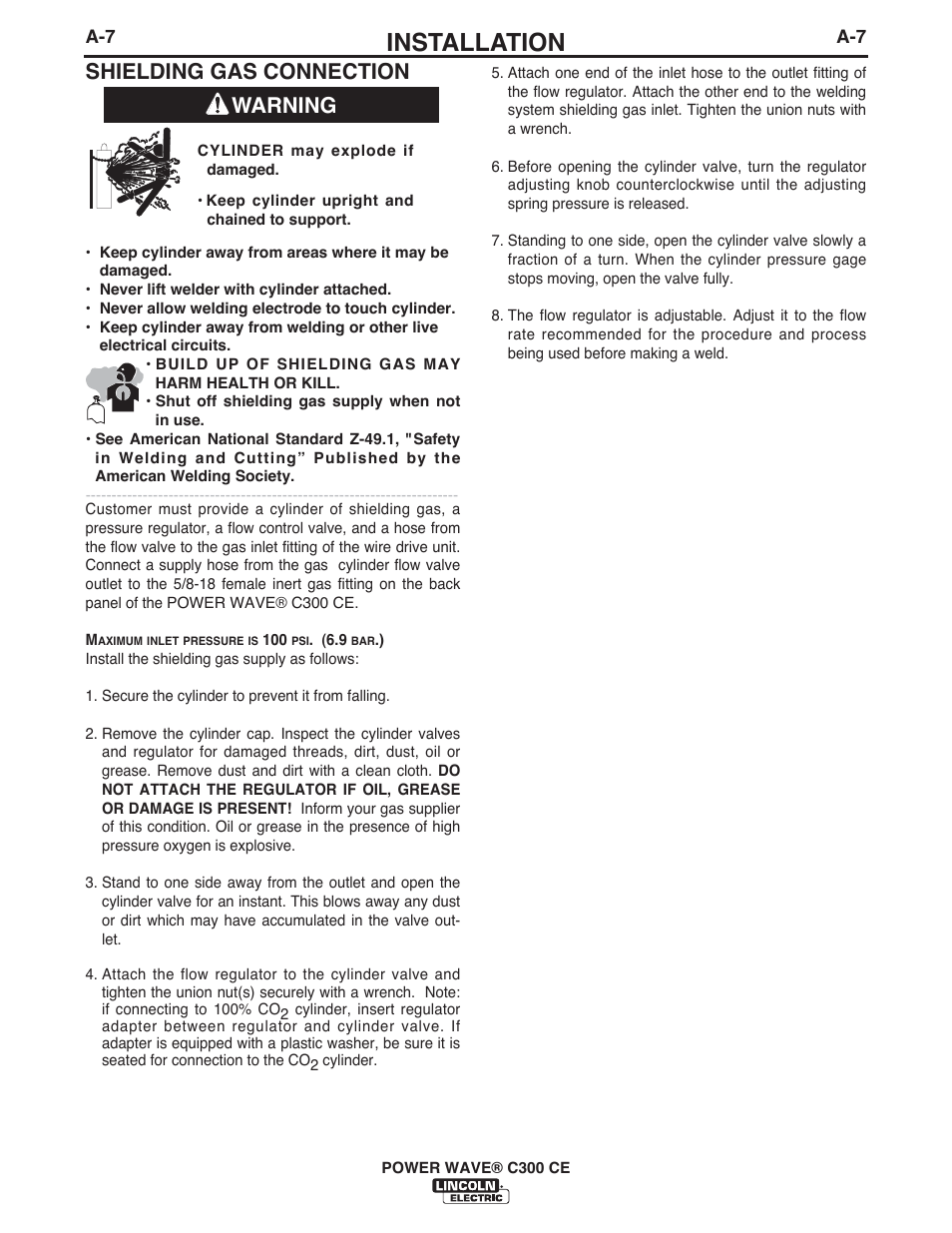 Installation, Shielding gas connection, Warning | Lincoln Electric IM10038 POWER WAVE C300CE User Manual | Page 17 / 72