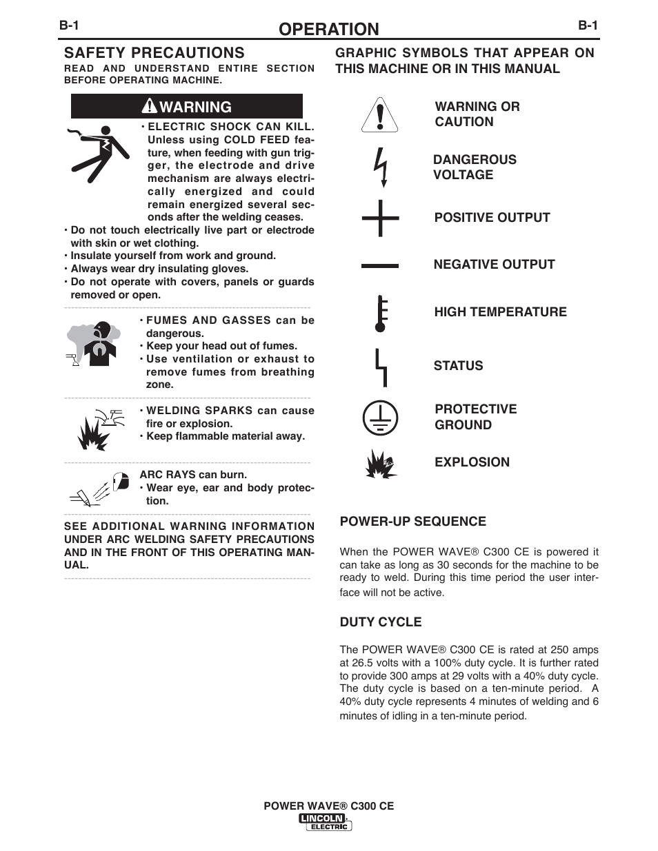 Operation, Warning safety precautions | Lincoln Electric IM10038 POWER WAVE C300CE User Manual | Page 21 / 72