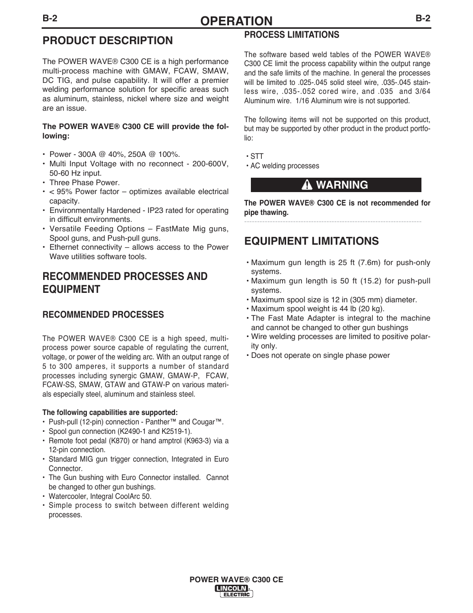 Operation, Product description, Recommended processes and equipment | Equipment limitations, Warning | Lincoln Electric IM10038 POWER WAVE C300CE User Manual | Page 22 / 72