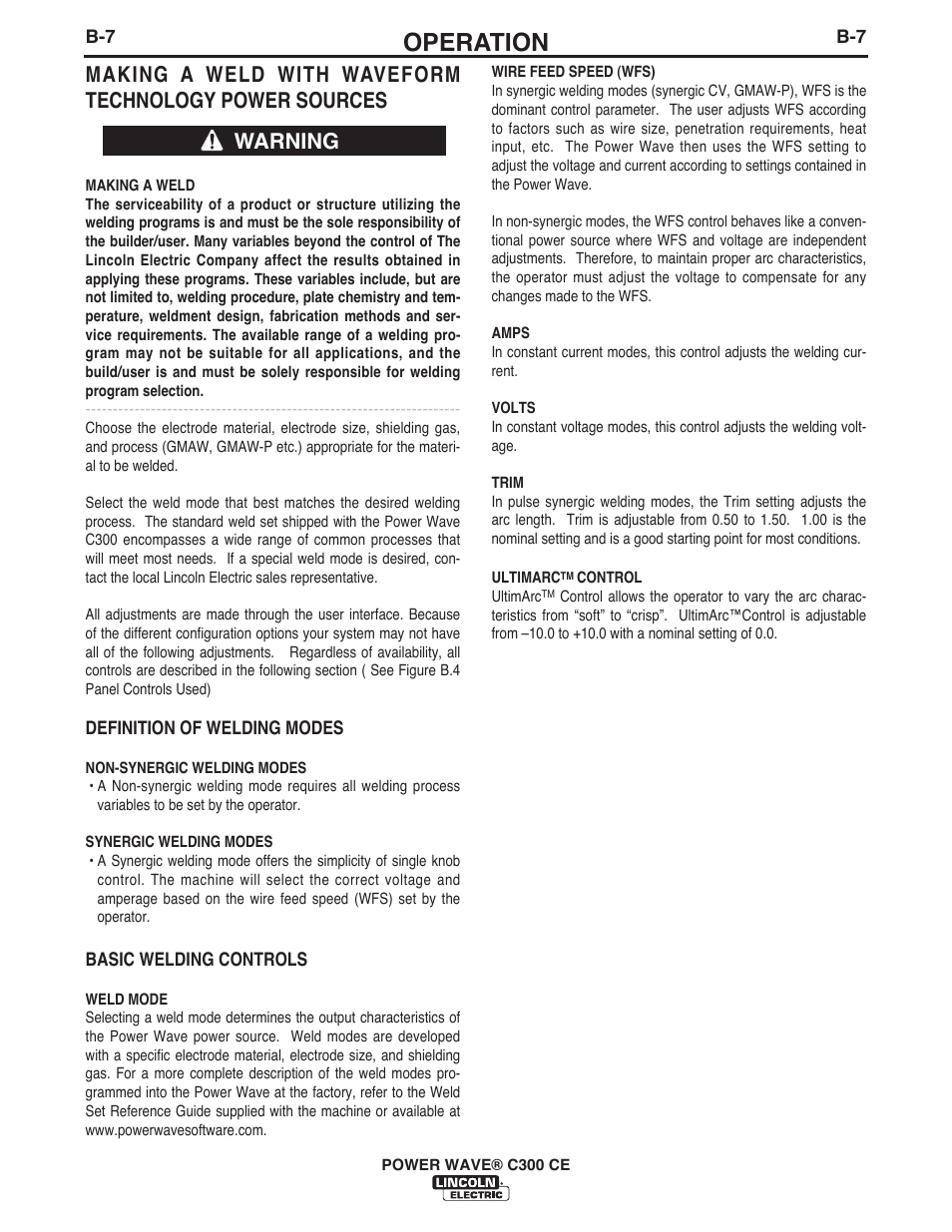 Operation, Warning | Lincoln Electric IM10038 POWER WAVE C300CE User Manual | Page 27 / 72