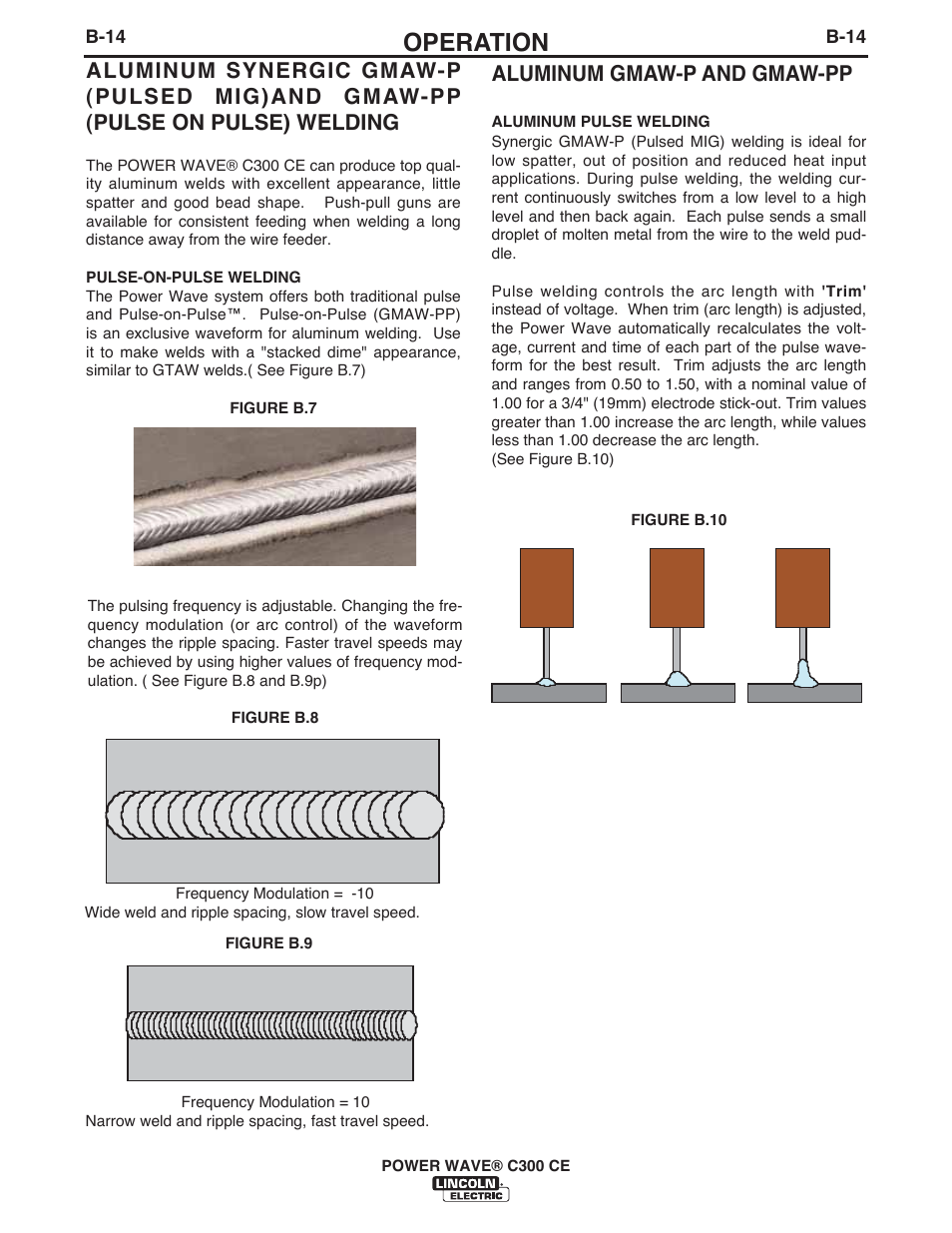 Operation, Aluminum gmaw-p and gmaw-pp | Lincoln Electric IM10038 POWER WAVE C300CE User Manual | Page 34 / 72