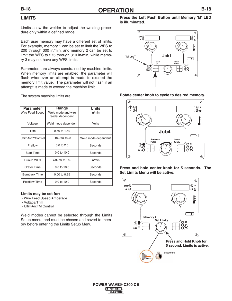 Operation, Job4, B-18 | Limits | Lincoln Electric IM10038 POWER WAVE C300CE User Manual | Page 38 / 72