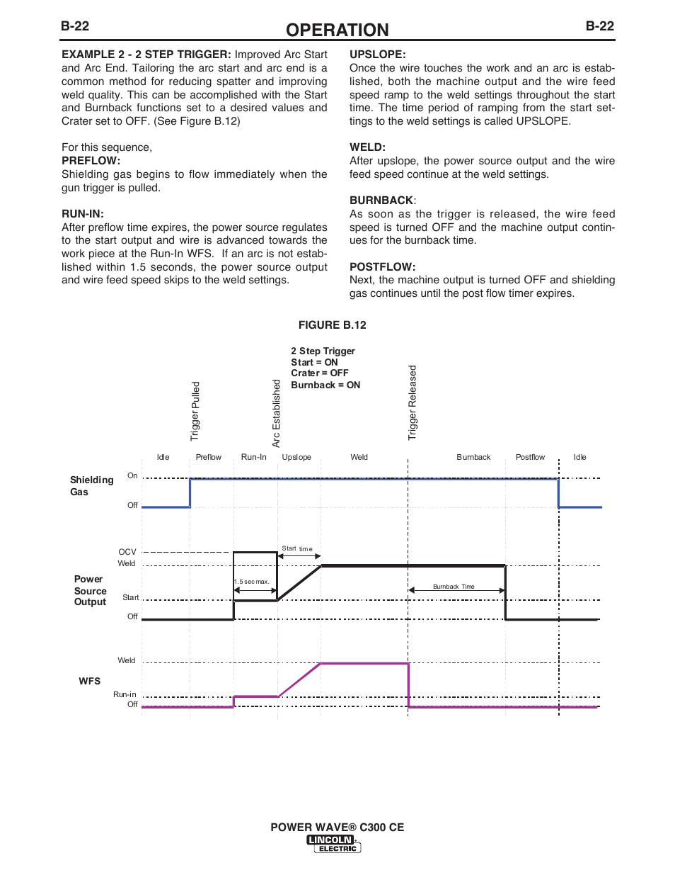 Operation, B-22 | Lincoln Electric IM10038 POWER WAVE C300CE User Manual | Page 42 / 72