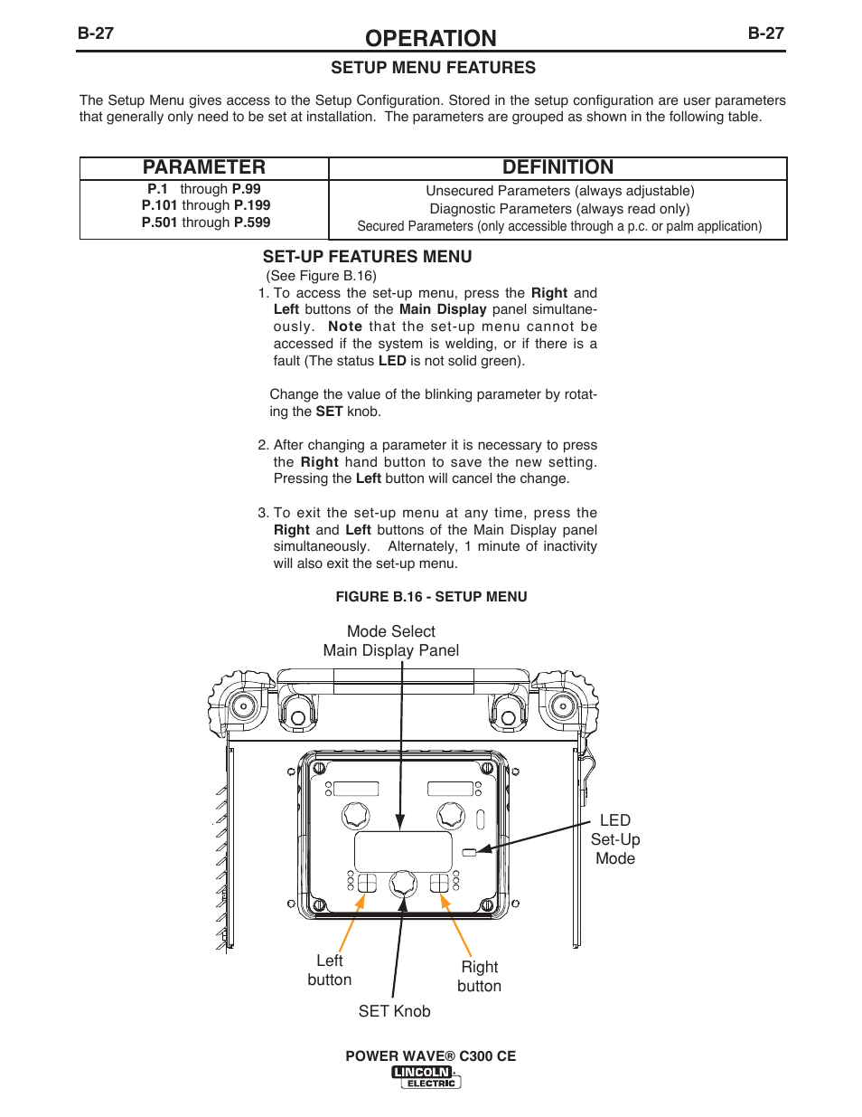 Operation, Parameter, Definition | Lincoln Electric IM10038 POWER WAVE C300CE User Manual | Page 47 / 72