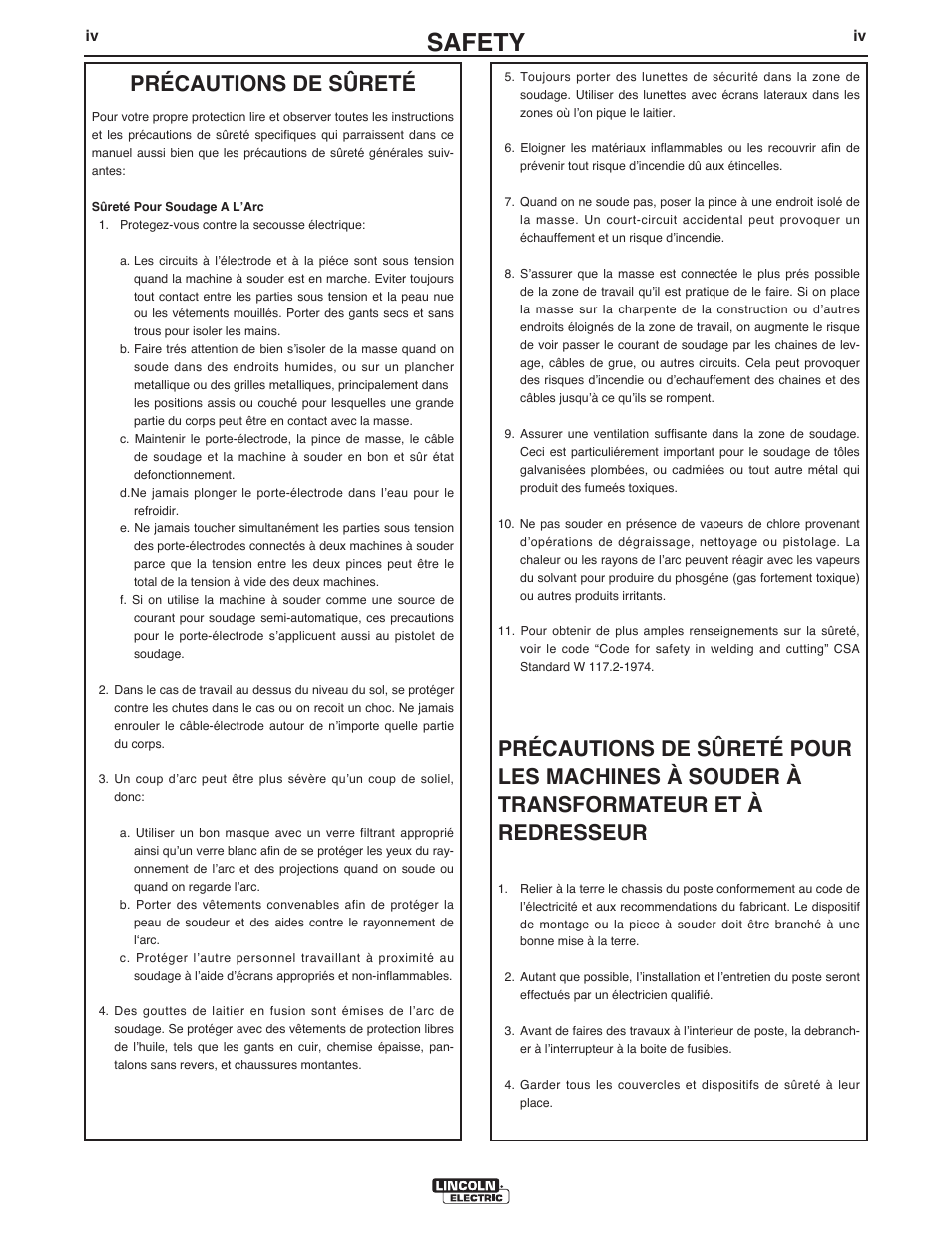 Safety, Précautions de sûreté | Lincoln Electric IM10038 POWER WAVE C300CE User Manual | Page 5 / 72