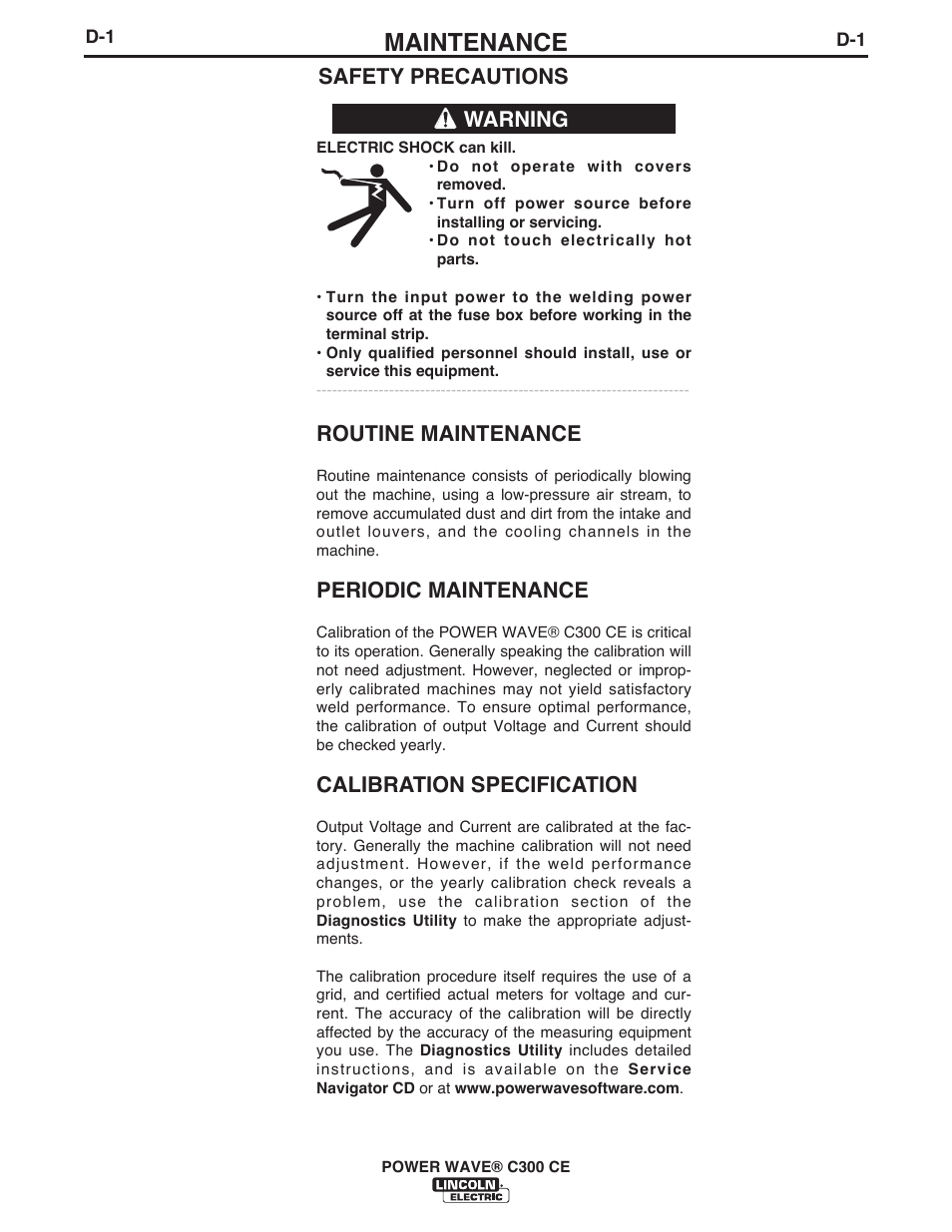 Maintenance, Safety precautions warning, Routine maintenance | Periodic maintenance, Calibration specification | Lincoln Electric IM10038 POWER WAVE C300CE User Manual | Page 57 / 72