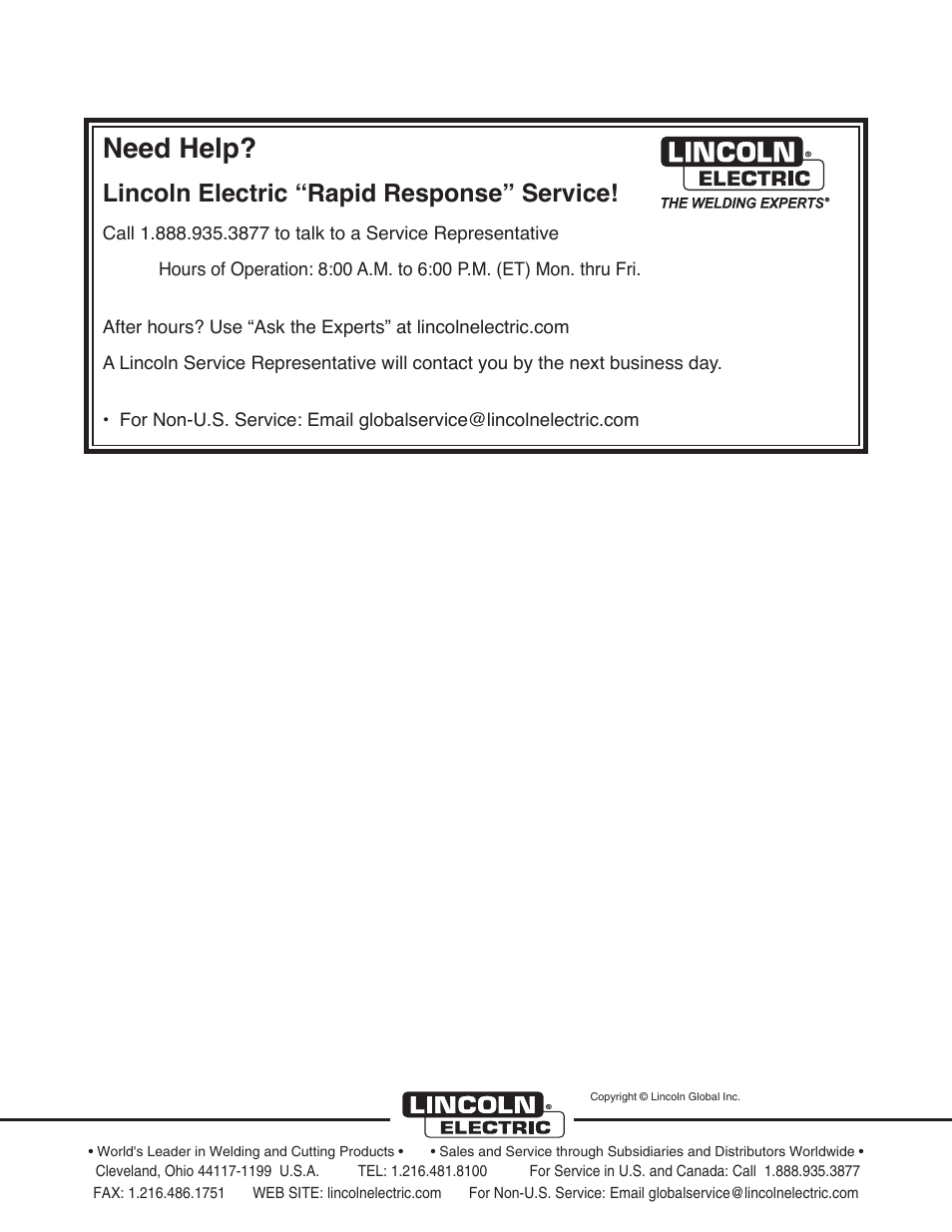 Need help, Lincoln electric “rapid response” service | Lincoln Electric IM10038 POWER WAVE C300CE User Manual | Page 72 / 72