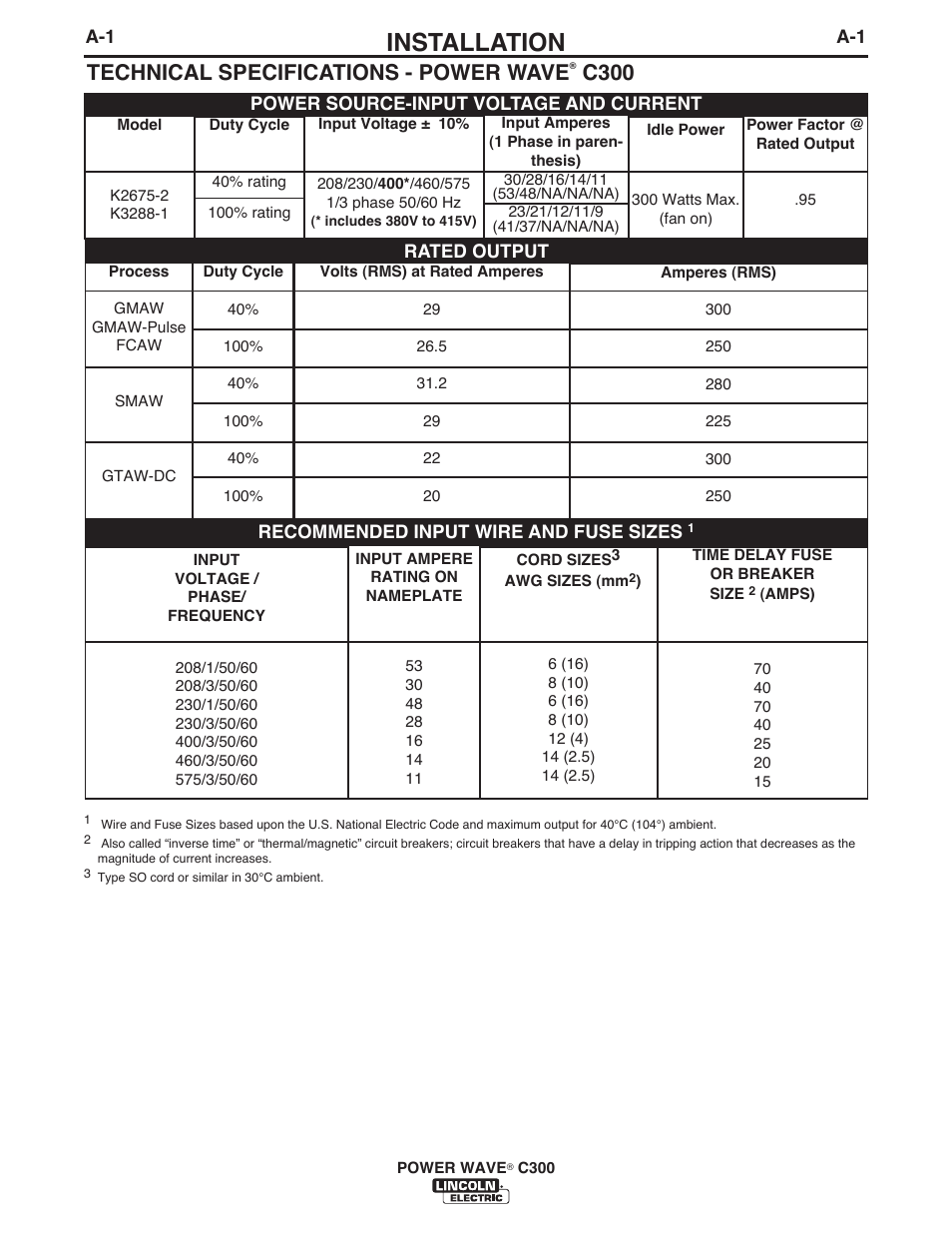 Installation, Technical specifications - power wave, C300 | Lincoln Electric IM10040 POWER WAVE C300 User Manual | Page 11 / 75