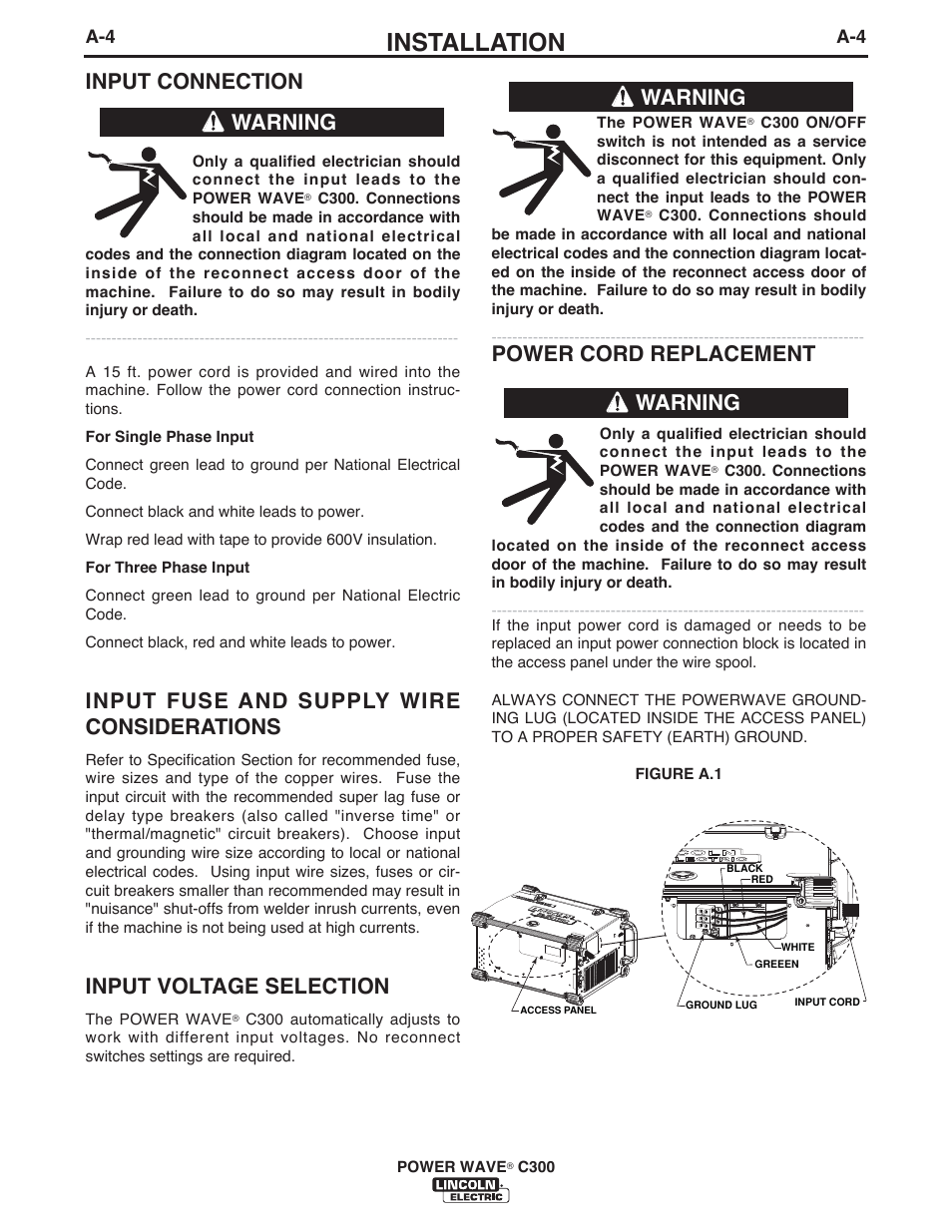 Installation, Input connection, Input fuse and supply wire considerations | Input voltage selection, Power cord replacement, Warning | Lincoln Electric IM10040 POWER WAVE C300 User Manual | Page 14 / 75