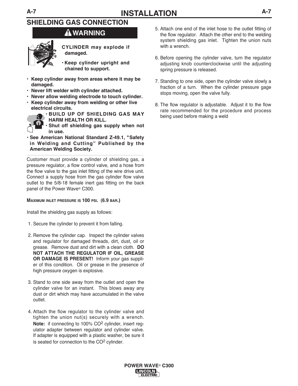 Installation, Shielding gas connection, Warning | Lincoln Electric IM10040 POWER WAVE C300 User Manual | Page 17 / 75
