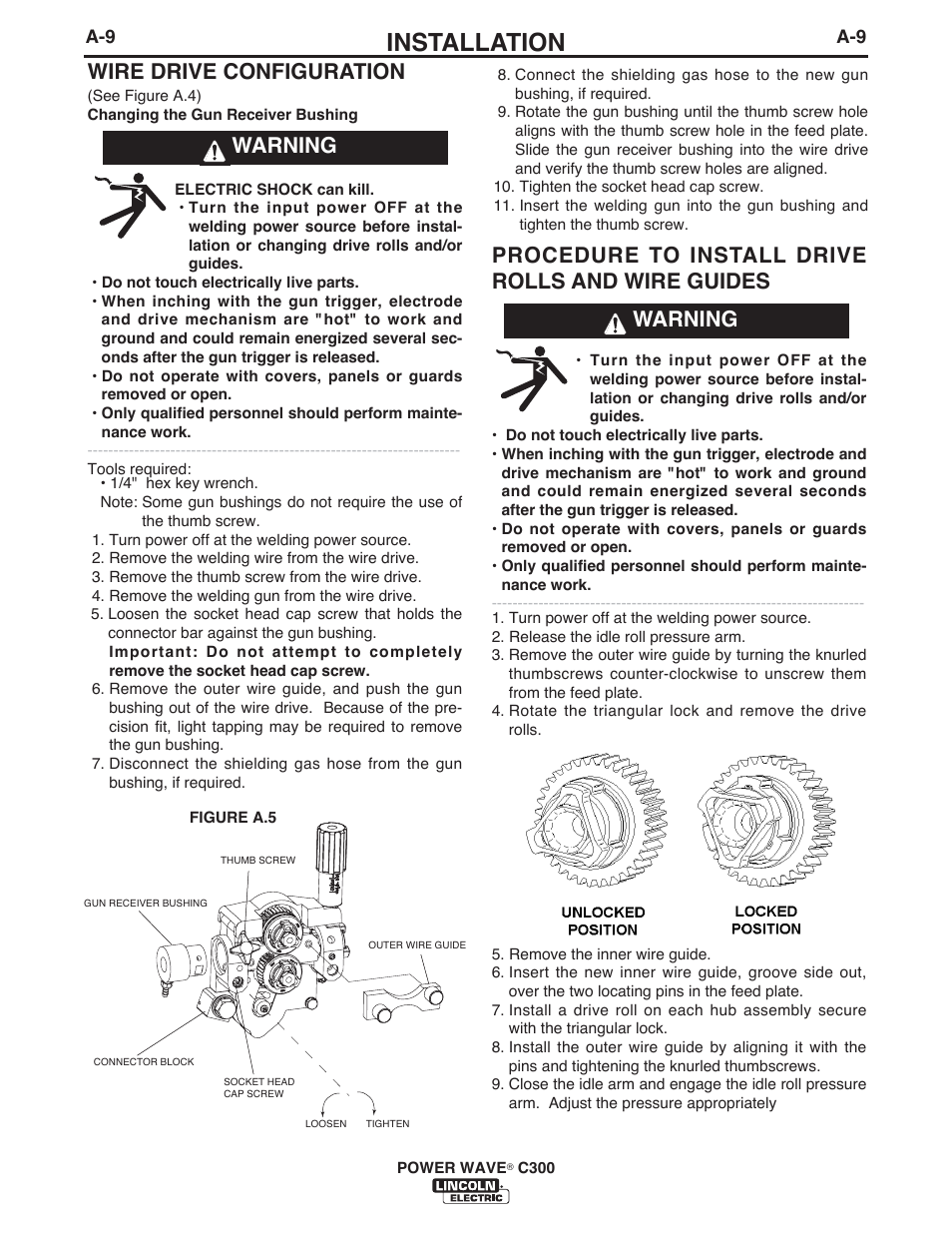 Installation, Wire drive configuration, Warning | Lincoln Electric IM10040 POWER WAVE C300 User Manual | Page 19 / 75