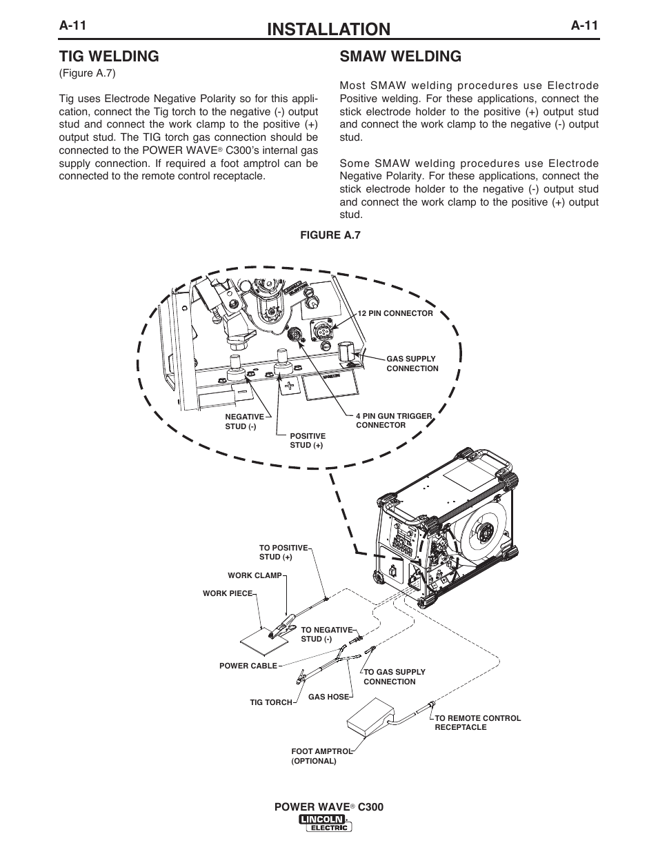 Installation, Tig welding, Smaw welding | A-11 | Lincoln Electric IM10040 POWER WAVE C300 User Manual | Page 21 / 75