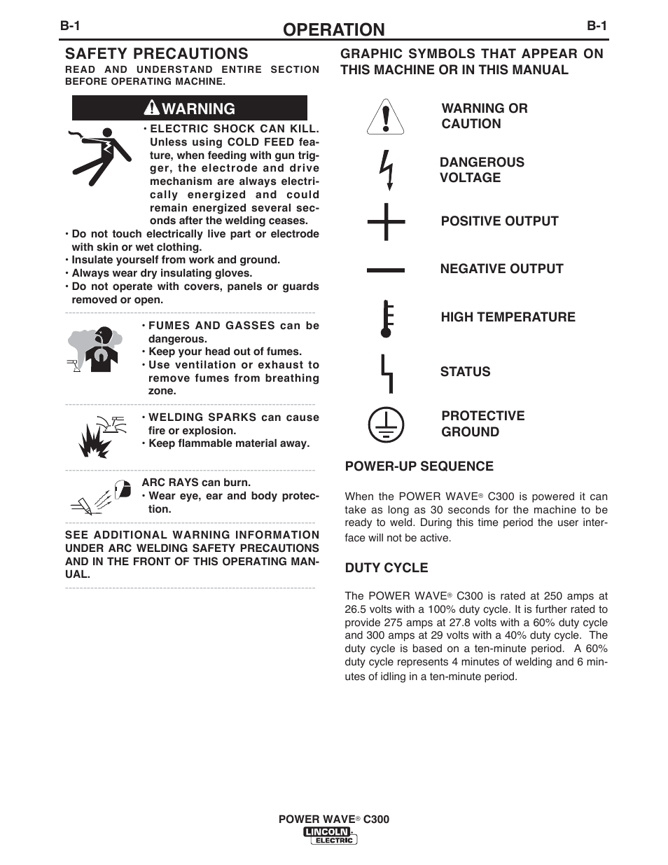 Operation, Warning safety precautions | Lincoln Electric IM10040 POWER WAVE C300 User Manual | Page 22 / 75