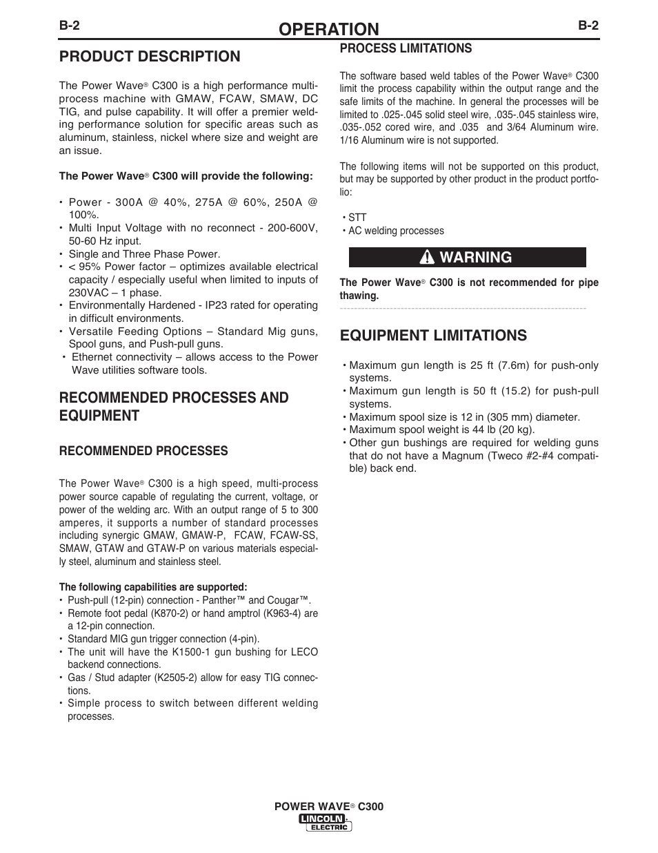 Operation, Product description, Recommended processes and equipment | Equipment limitations, Warning | Lincoln Electric IM10040 POWER WAVE C300 User Manual | Page 23 / 75