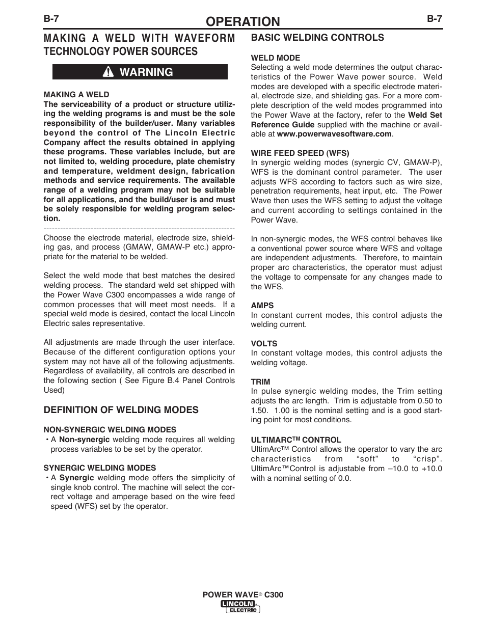 Operation, Warning | Lincoln Electric IM10040 POWER WAVE C300 User Manual | Page 28 / 75