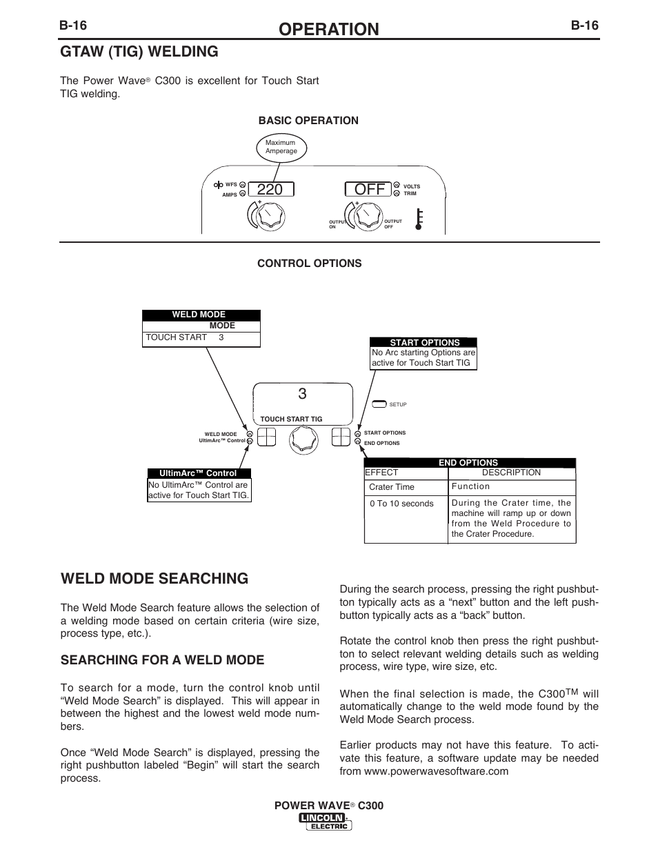 Operation, 220 off 3, Weld mode searching | Gtaw (tig) welding, Searching for a weld mode, B-16 | Lincoln Electric IM10040 POWER WAVE C300 User Manual | Page 37 / 75