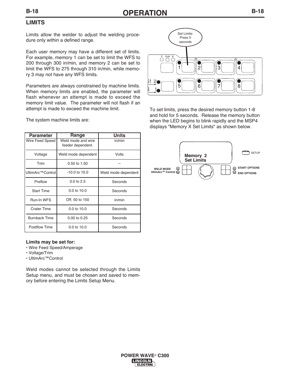 Operation, B-18, Limits | Lincoln Electric IM10040 POWER WAVE C300 User Manual | Page 39 / 75