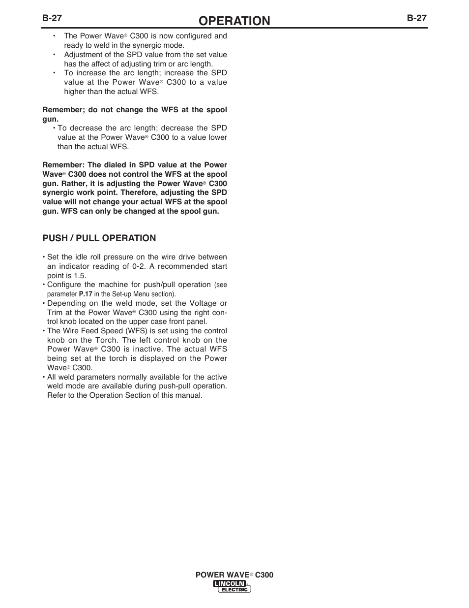 Operation, B-27, Push / pull operation | Lincoln Electric IM10040 POWER WAVE C300 User Manual | Page 48 / 75