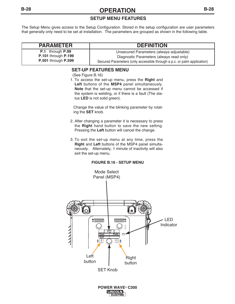Operation, Parameter, Definition | Lincoln Electric IM10040 POWER WAVE C300 User Manual | Page 49 / 75