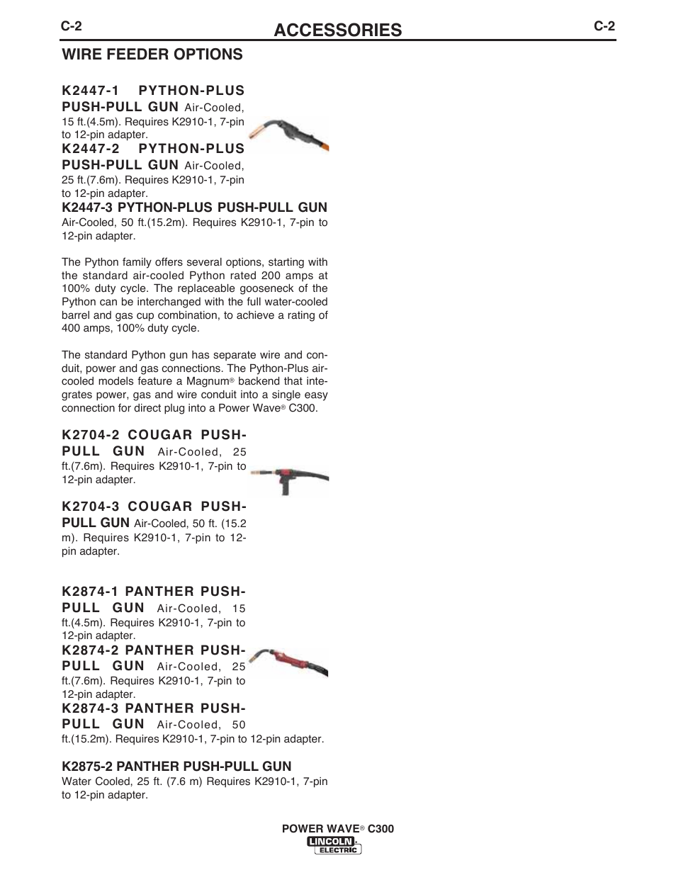 Accessories, Wire feeder options | Lincoln Electric IM10040 POWER WAVE C300 User Manual | Page 58 / 75