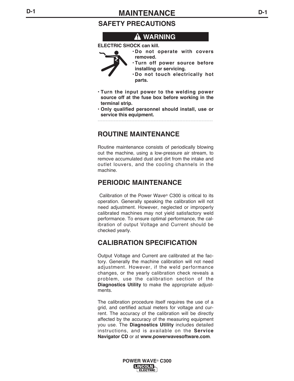 Maintenance, Safety precautions warning, Routine maintenance | Periodic maintenance, Calibration specification | Lincoln Electric IM10040 POWER WAVE C300 User Manual | Page 59 / 75