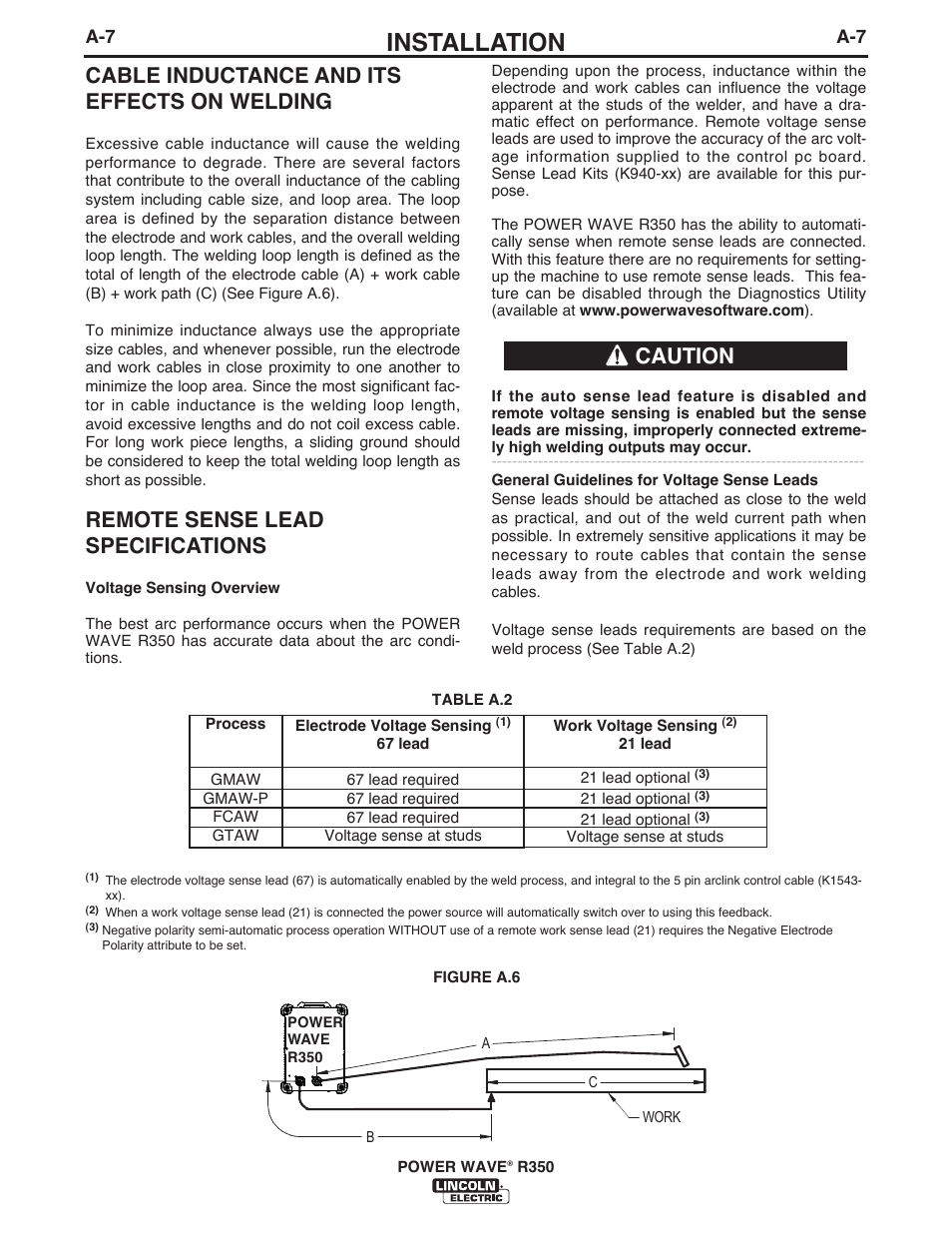 Installation, Cable inductance and its effects on welding, Remote sense lead specifications | Caution | Lincoln Electric IM10083 POWER WAVE R350 User Manual | Page 14 / 42