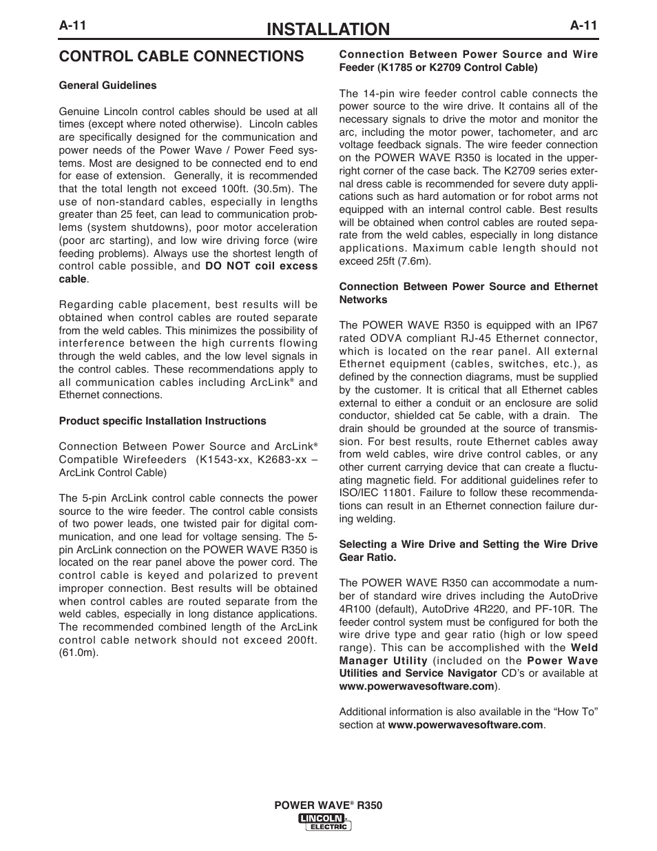 Installation, Control cable connections | Lincoln Electric IM10083 POWER WAVE R350 User Manual | Page 18 / 42