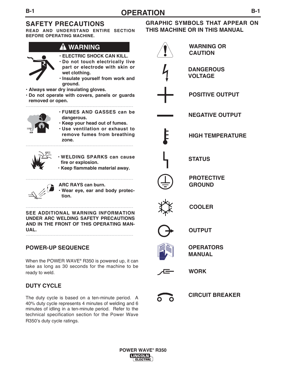 Operation, Warning safety precautions | Lincoln Electric IM10083 POWER WAVE R350 User Manual | Page 19 / 42