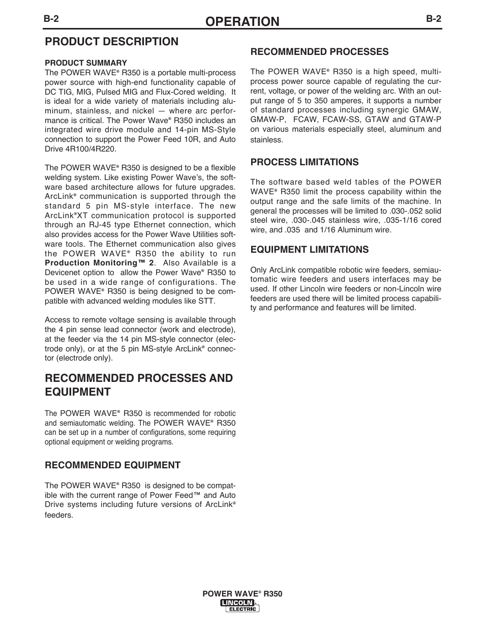 Operation, Product description, Recommended processes and equipment | Recommended equipment, Recommended processes, Process limitations, Equipment limitations | Lincoln Electric IM10083 POWER WAVE R350 User Manual | Page 20 / 42