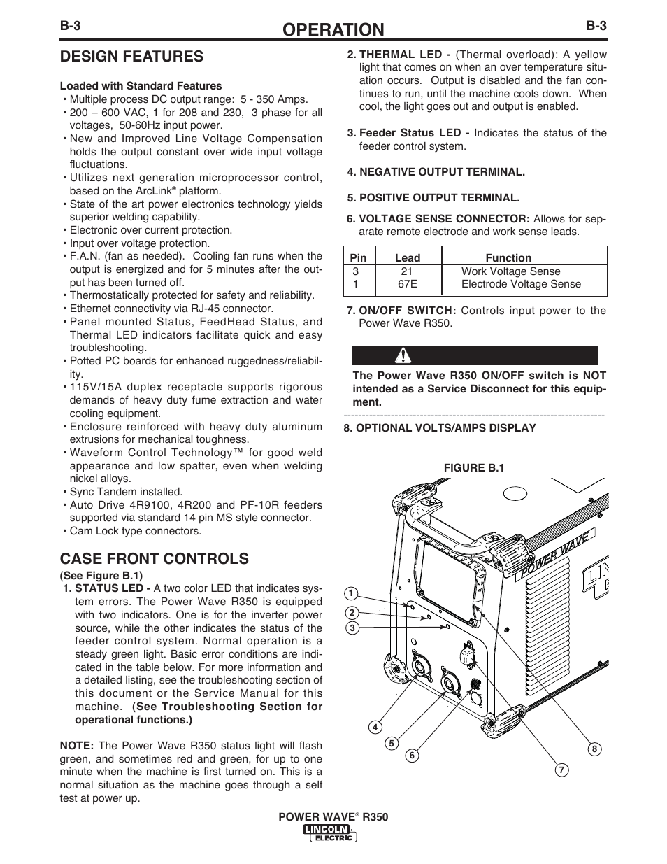 Operation, Design features, Case front controls | Warning | Lincoln Electric IM10083 POWER WAVE R350 User Manual | Page 21 / 42