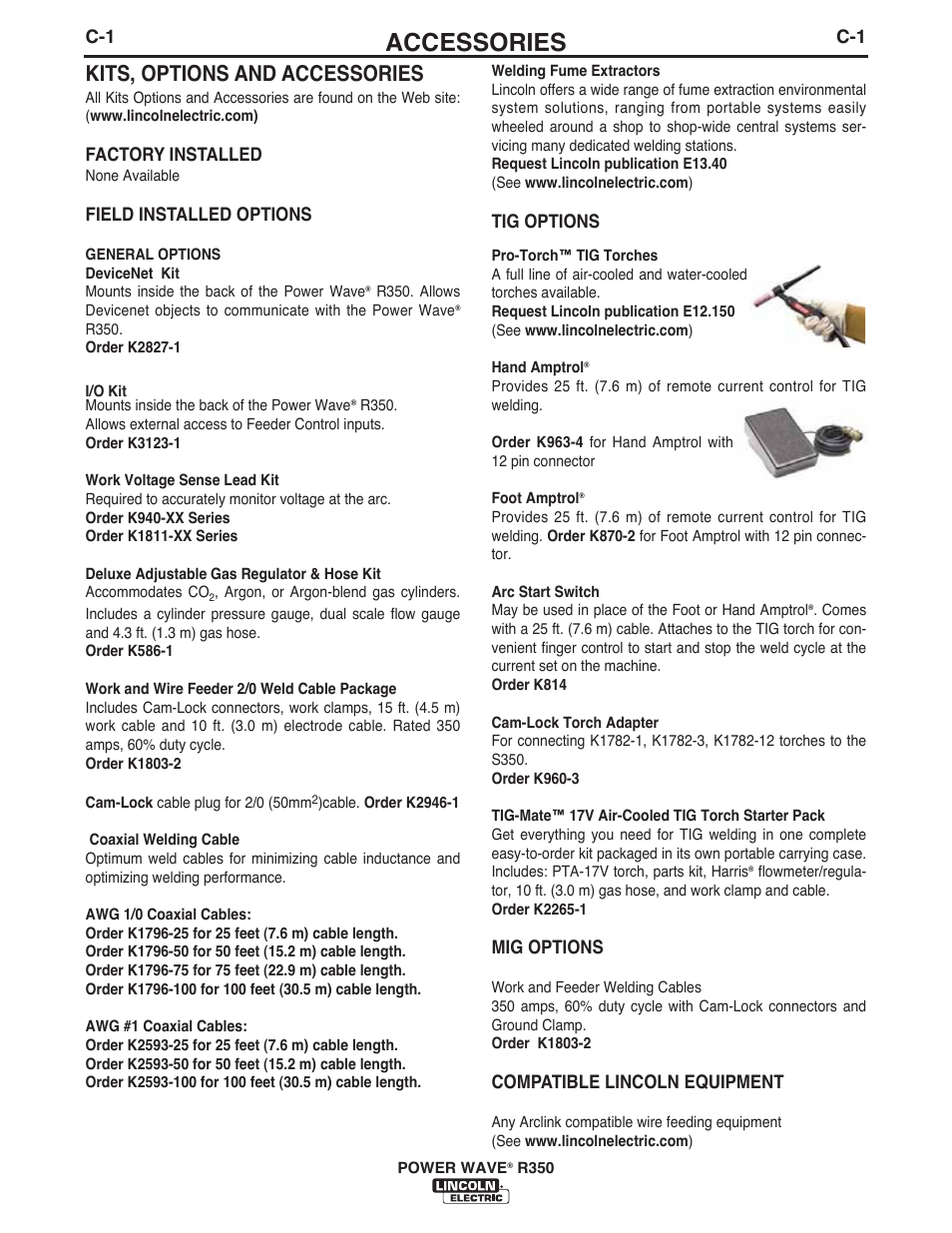 Accessories, Kits, options and accessories, Tig options | Mig options, Compatible lincoln equipment, Factory installed, Field installed options | Lincoln Electric IM10083 POWER WAVE R350 User Manual | Page 26 / 42