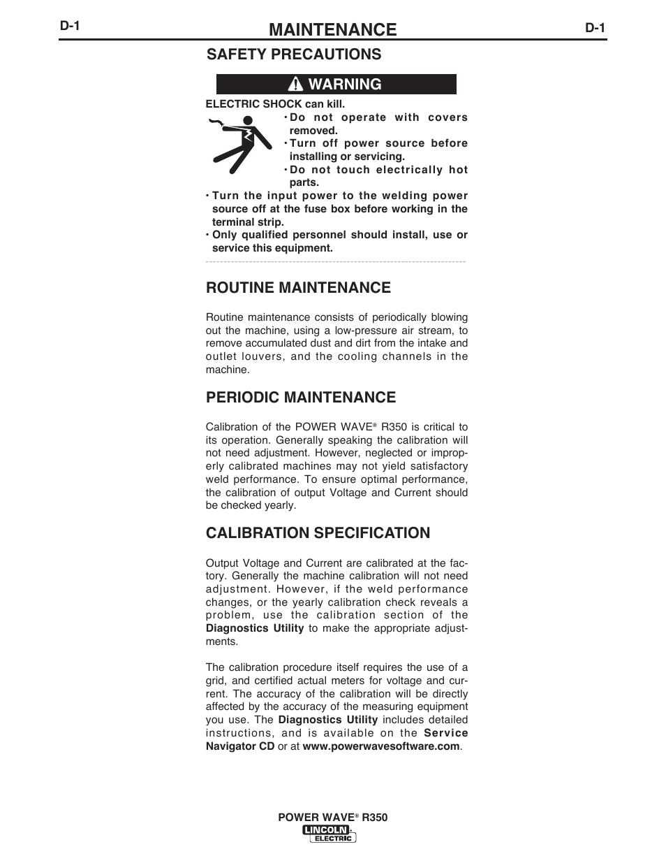 Maintenance, Safety precautions warning, Routine maintenance | Periodic maintenance, Calibration specification | Lincoln Electric IM10083 POWER WAVE R350 User Manual | Page 27 / 42