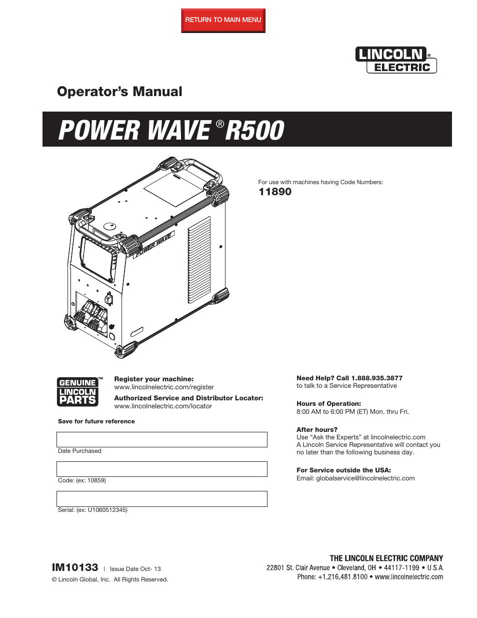 Lincoln Electric IM10133 POWER WAVE R500 User Manual | 56 pages