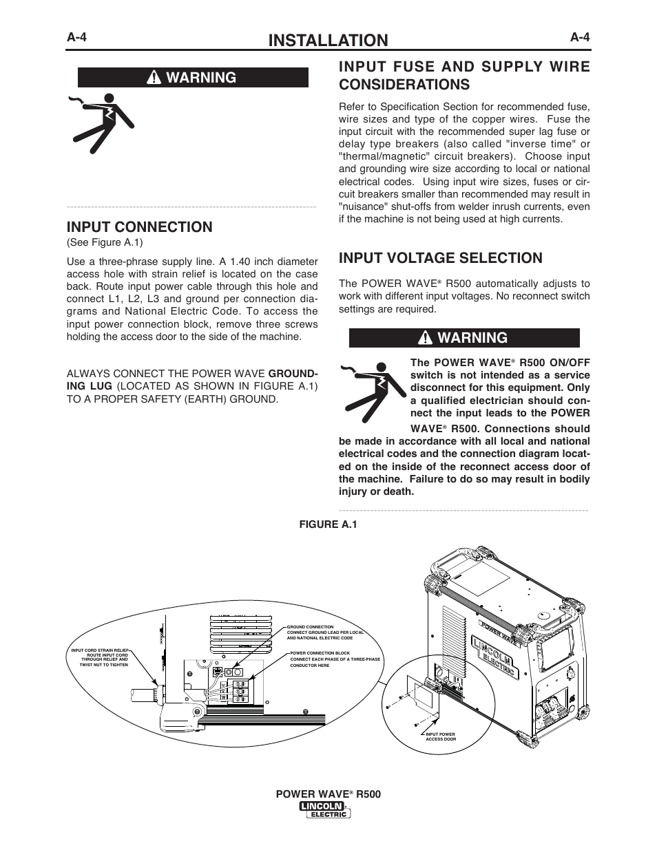 Installation, Input connection, Input fuse and supply wire considerations | Input voltage selection, Warning | Lincoln Electric IM10133 POWER WAVE R500 User Manual | Page 10 / 56