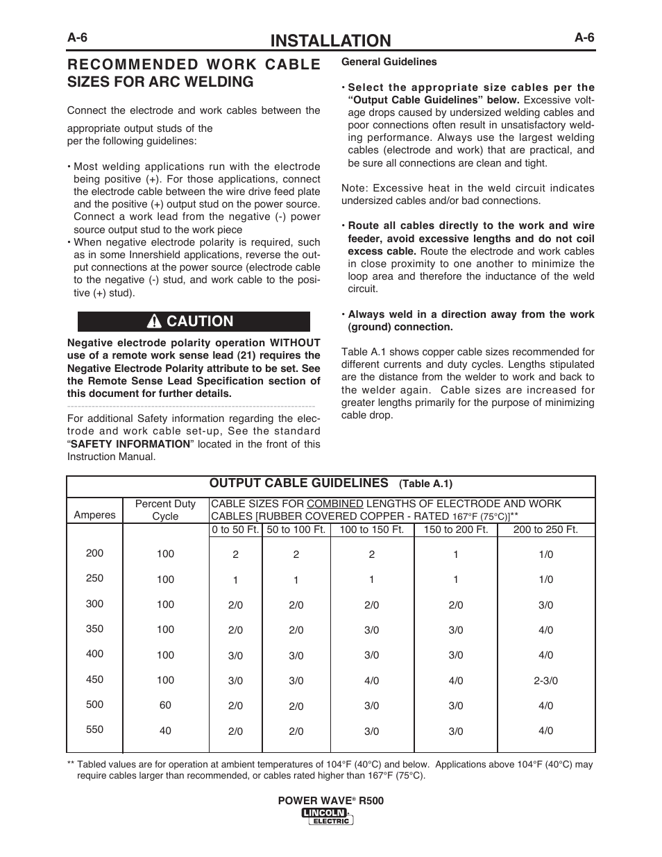 Installation, Recommended work cable sizes for arc welding, Caution | Lincoln Electric IM10133 POWER WAVE R500 User Manual | Page 12 / 56