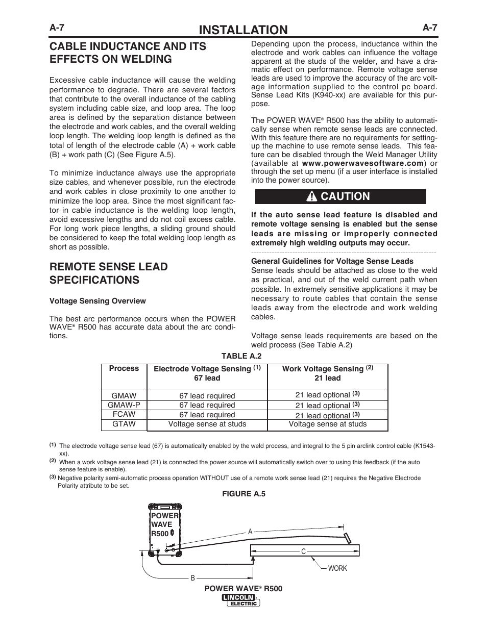 Installation, Cable inductance and its effects on welding, Remote sense lead specifications | Caution | Lincoln Electric IM10133 POWER WAVE R500 User Manual | Page 13 / 56