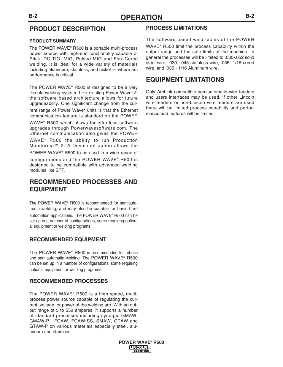 Operation, Product description, Recommended processes and equipment | Equipment limitations, Recommended equipment, Recommended processes, Process limitations | Lincoln Electric IM10133 POWER WAVE R500 User Manual | Page 19 / 56