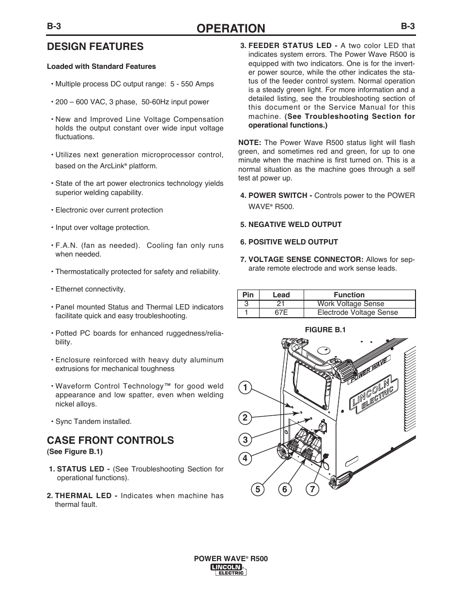 Operation, Design features, Case front controls | Lincoln Electric IM10133 POWER WAVE R500 User Manual | Page 20 / 56